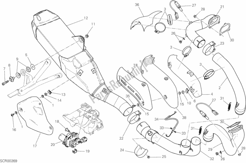 All parts for the Exhaust System of the Ducati Monster 821 Stealth Thailand 2019
